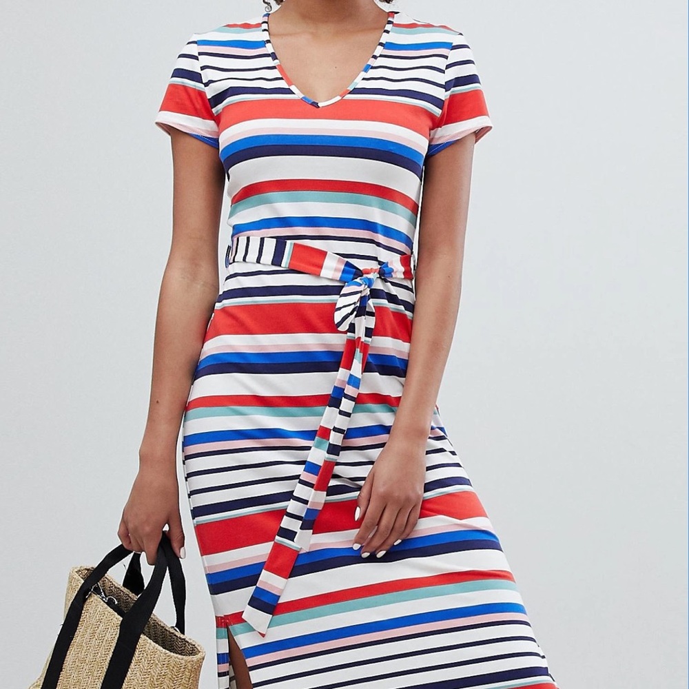 New Look Rainbow Stripe V Neck T-Shirt Maxi Dress, size 6